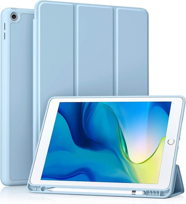 Case Compatible with iPad 10.2 Inch iPad 9th/8th Generation & iPad 7th Generation with Pencil Holder, Protective Case with Soft TPU Back, Sky Blue...