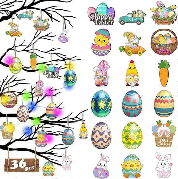 36 stk. påskepyntsett med lys – DIY trepynt til festlig hjemmeinnredning, kaniner, egg og mer!