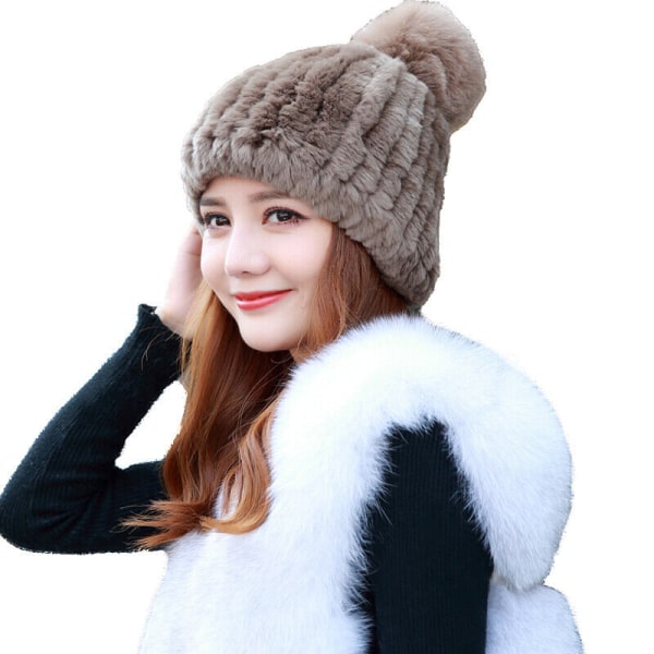 Women Real Rex Rabbit Fur Beanies Cap Winter Hats Fox Fur PomPom High Elastic
