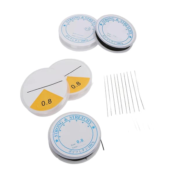 Elastiksnor og perlenålesæt, 5 ruller elastisk snor 0,8 mm 1 mm klar sort og 10 stk. perlenåle