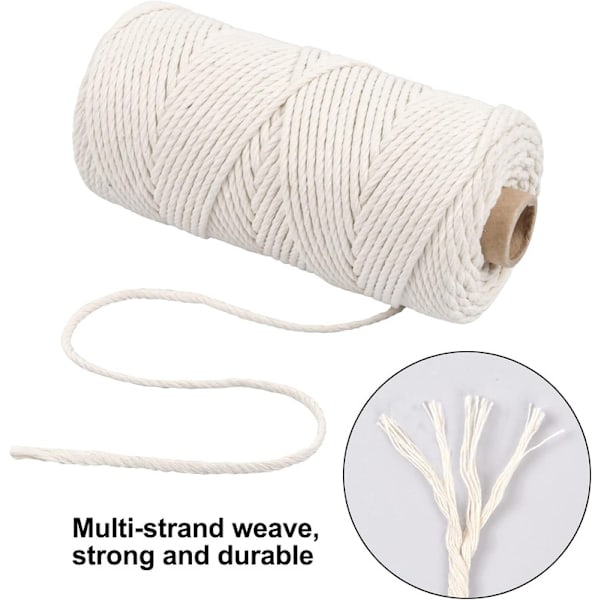 100M Hvit Makramé Bomullsrep, 3mm Jute Bomullsgarn, Bomullsmakramétråd, Snorgarn, Flettet Repgarn for Gaveinnpakning Strikking Dekorasjon