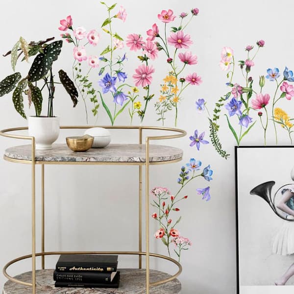 Plantedekaler, glasvinduesmærkater, lyserøde blomster, væg