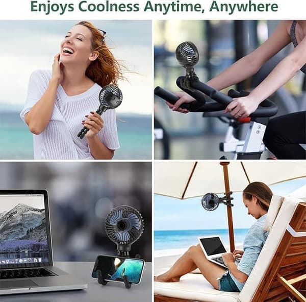 Flexible Stroller Fan - Portable Fan with Battery, Rechargeable with 3 Speeds, for Stroller, Bed or Office black