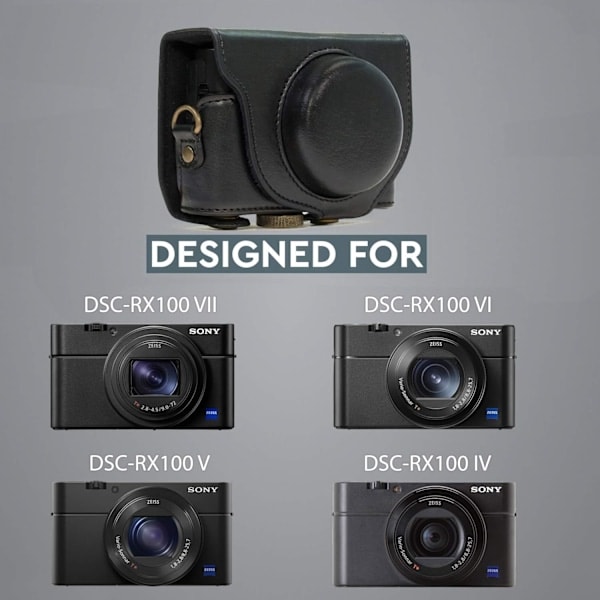 (Sort) Læderetui, med skulderrem til Sony Cyber-shot DSC-RX100 VI, DSC-RX100 V, DSC-RX100