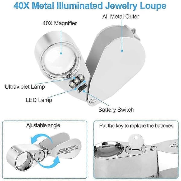 10X til 40X fuldmetal smykke lup med 4 bærbare belyste lupper Silver