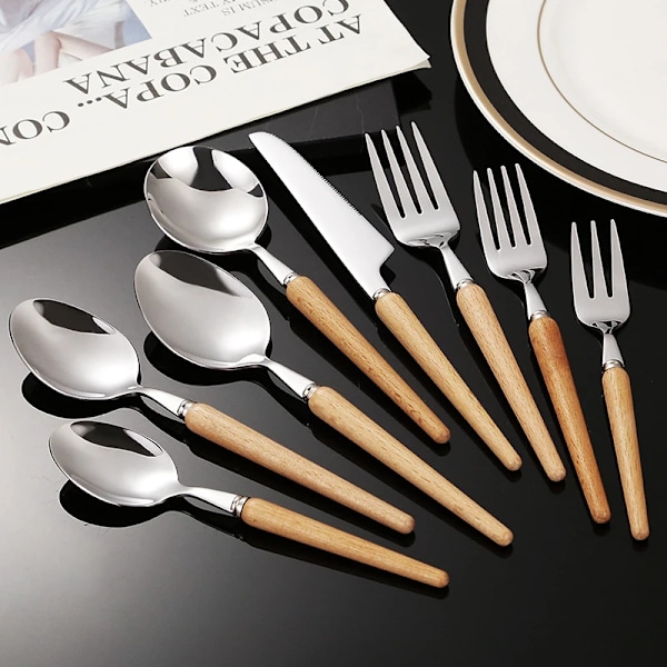 Creative Wooden Handle Cutlery Set Pointed Tail Stainless Steel Knife Fork Spoon Teaspoon Dinnerware Set Utensil for Kitchen