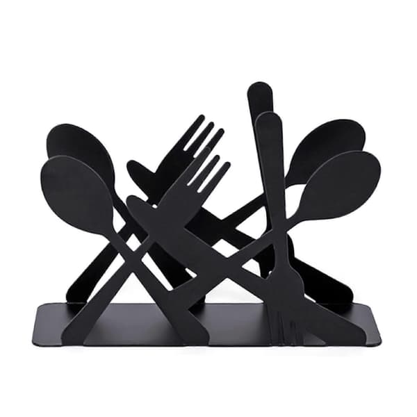 Sort metal servietholder – gaffel, ske, kniv design – til spisebord – stabil base Black