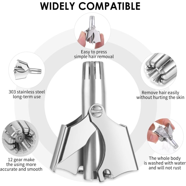 Næsehårstrimmer til mænd og kvinder, manuel batterifri, vandtæt, smertefri, rustfrit stål med børste, allergivenlig, egnet