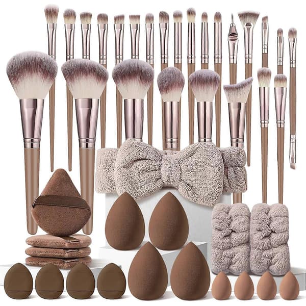 44-dele brunt makeupbørstesæt, professionelt makeupværktøjssæt, multifunktionelt makeupværktøjssæt, inkluderer ansigtsmakeup-tilbehør, foundationbørste s