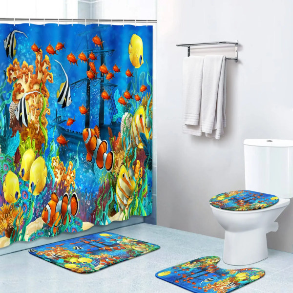 Tropical Ocean Shower Curtain Sets Rugs Toilet Lid Cover Bath Mat Cartoon Submarine Sea Fish Nautical Underwater World for Kids