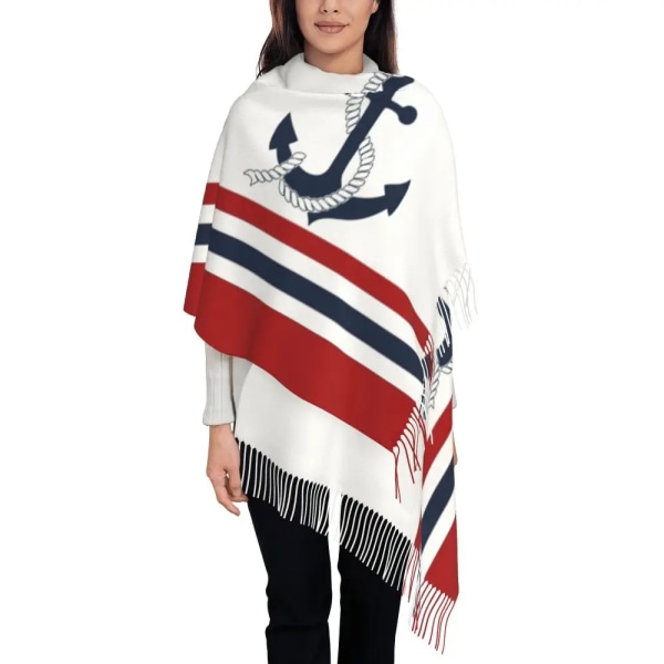 White Nautical Stripes And Anchor Scarf Wrap Women Long Winter Fall Warm Tassel Shawl Unisex Sailing Sailor Scarves