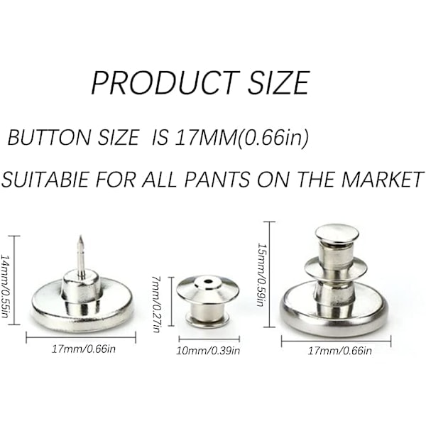 10 stk jeansknapper, 17 mm avtakbar metall DIY-knapp, juster