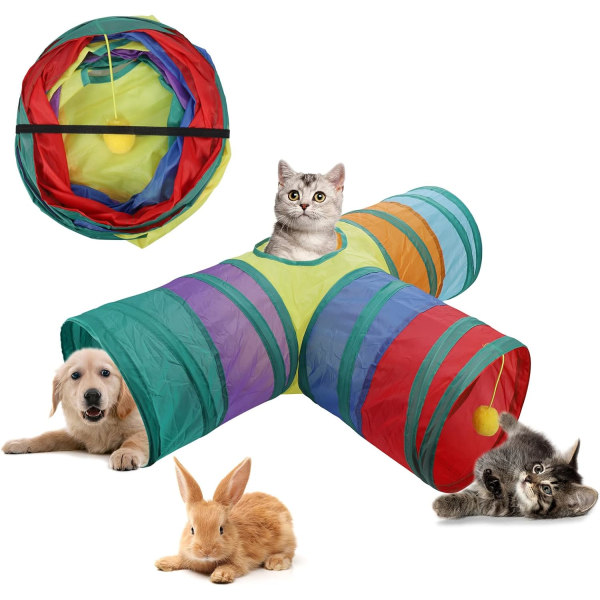 Kissan tunneli 3-tie, ihana kanitunneli leikkipallot, taitettava lemmikkitunneli pupuille, marsuille, kissanpennuille ja muille pienille eläimille liikuntaan (värikäs)