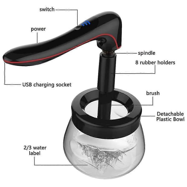 Elektrisk sminkebørsterenser og -tørker, USB-lading 3 moduser, svart