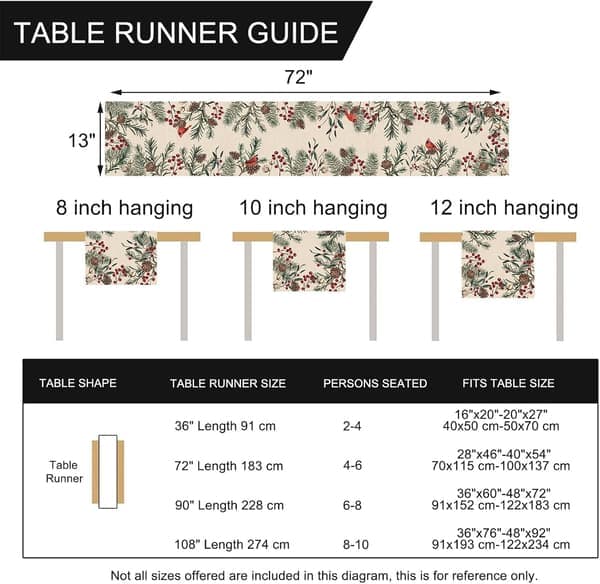 33×183×1cm Table Runner with Winter Pine Needles, Pine Cones Cardinal Red Birds Berries Farmhouse Kitchen Dining Table D