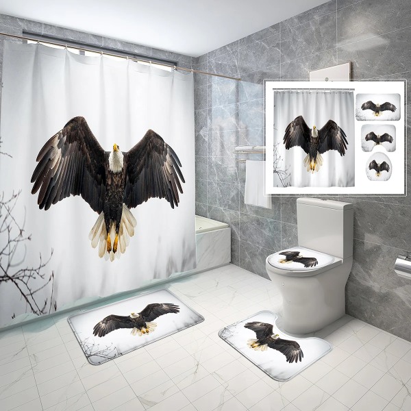 Eagle Shower Curtain Set Forest Mighty Sky Soar Shower Curtain Bathroom Non-Slip Bath Mat Toilet Cover Shower Curtain 4 Pcs Set