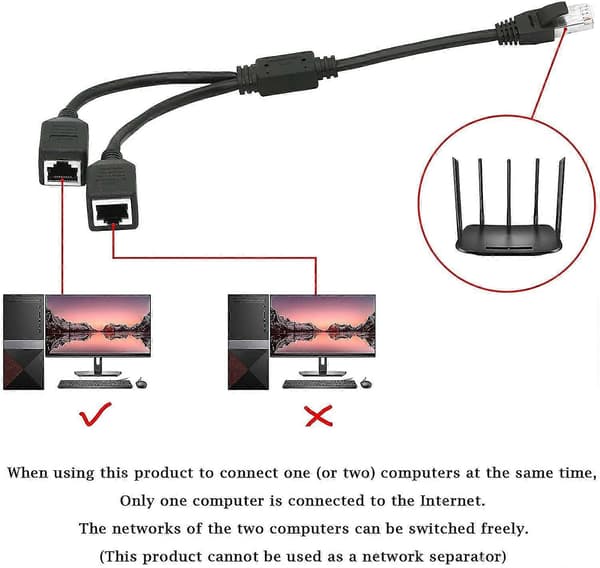 Ethernet-nätverksdelare, 1 hane till 2 hon Y-adapterkabel, Ethernet-förlängningsstickkontakt