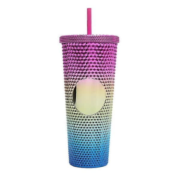 Gradient Himmelsblå Rosa 701-800ml Dubbellagers Plastmugg med Sugrör, Stor Kapacitet, Kreativ, Galvaniserad Gradientfärg, Durianformad Mugg