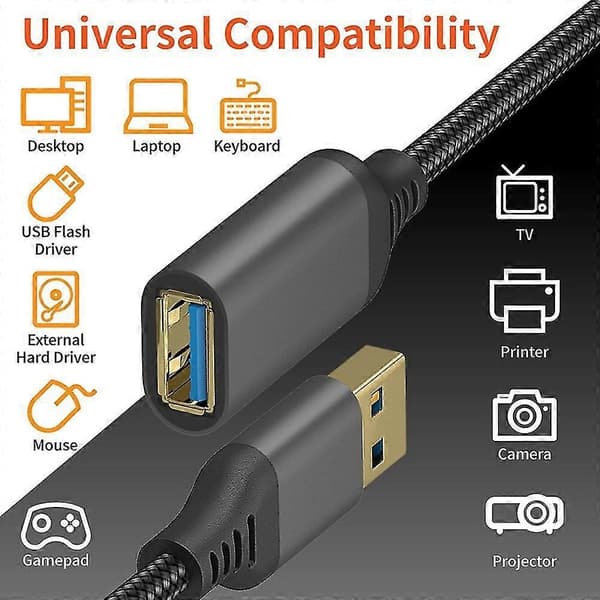 USB 3.0 Typ A Hane-till-hona Förlängningskabel, Slitstarkt Flätat Material, Hög Dataöverföringskabel Hao Svart