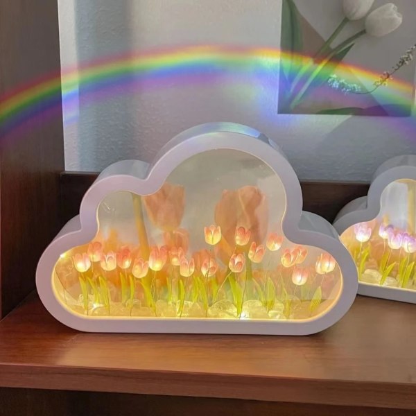 DIY Cloud Tulip Mirror Night Light - Handmade Makeup Mirror Lamp for Unique Living Room Desktop Home Decor Girls Birthday Gift