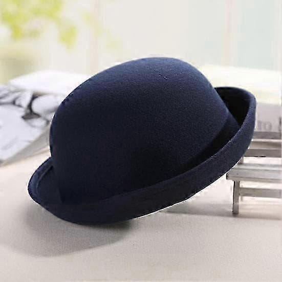 Flat-top Fedora Hatt Unisex Ensfarget Imitert Ull Retro Rund Lett Jazzhatt 56-58cm Hodeomkrets navy blue