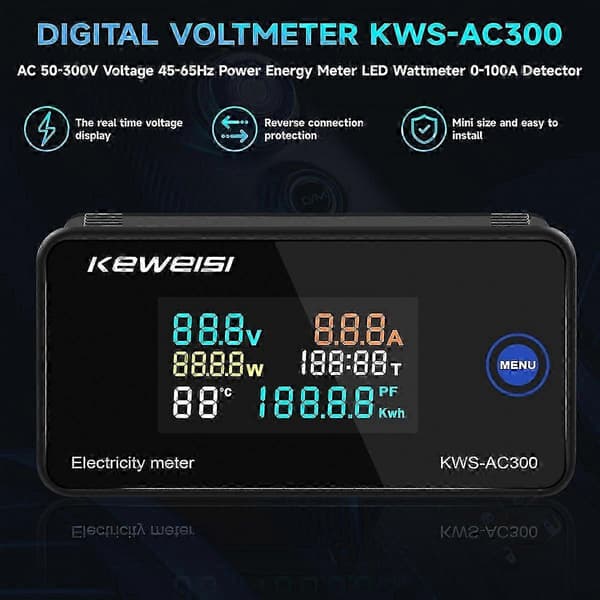 AC-voltmeter 50-300V 45-65Hz 0-10A detekteringskretsmonitor