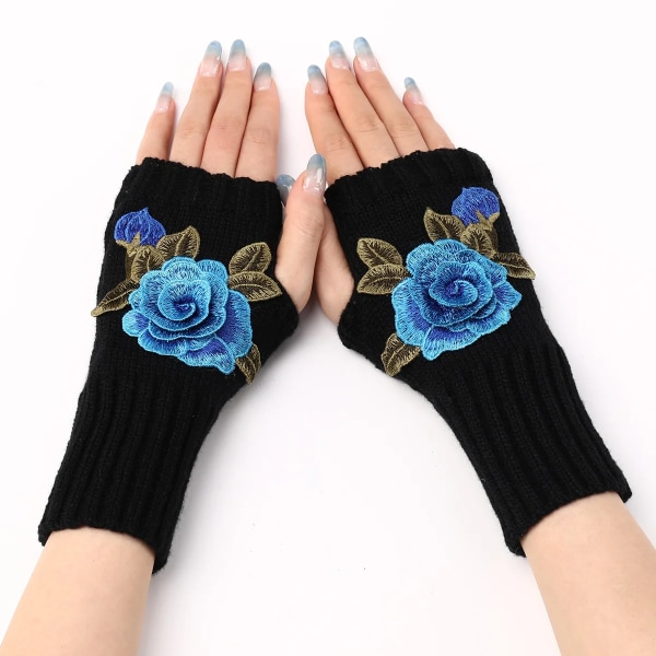 Winter Knitted Fingerless Gloves Fashion Flower Printing Warm Wrist Guard Office Half-Finger Gloves Hand Warmer Mittens
