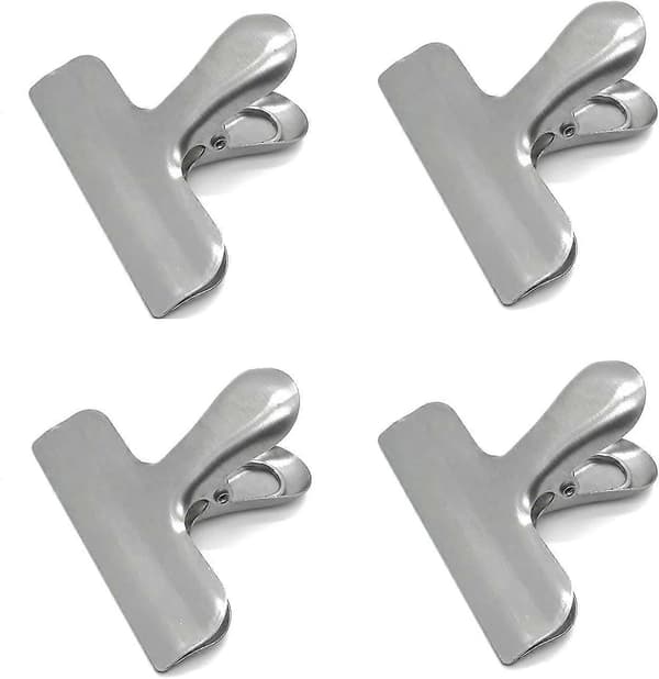 8-pakning metallklips. 3 tommer brede kraftige matposeklips i rustfritt stål.