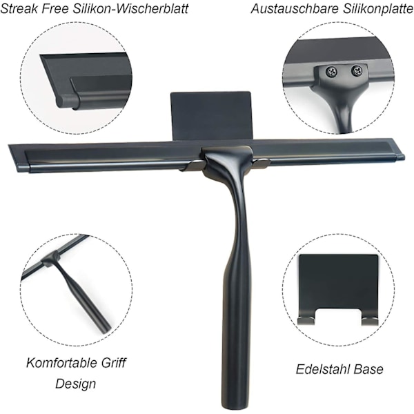 CHEPULA Duschabzieher i rustfritt stål - Premium vindusvisker med veggmontering - Dusjvisker uten boring - Dusjvisker for dusjskjermer, bad, kjøkken, vinduer og bilglassrengjøring (svart)