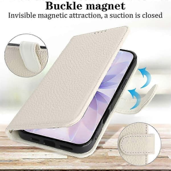 Kompatibel med iPhone 17 Stativfodral Litchi Textur Äkta Kohud Plånboksfodral RFID QHHJV White
