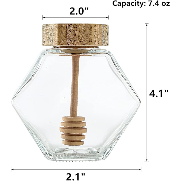 4 stk. 7 oz honningkrukke i glas, honningkrukke i glas med træske og korkprop, sekskantet honningbeholderdispenseropbevaring, gennemsigtig varmebestandig honning