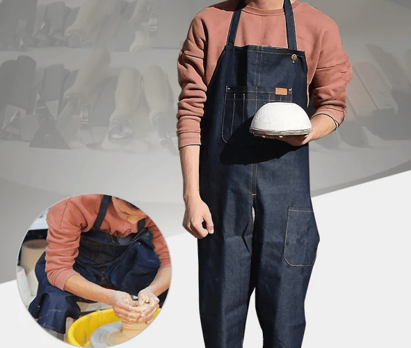 Denim Ceramic Apron with Pocket, Split Leg, Sleeveless Work Apron, Dirt-Resistant_yux