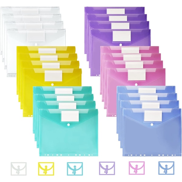 Set med 24 A4 plastfickor, dokumentfickor med flik