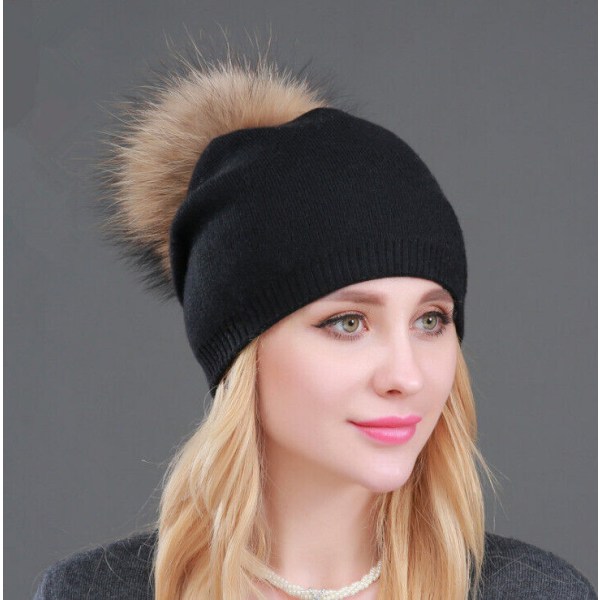 Women Winter Warm Cashmere Wool Knitted Real Fur Pom Pom Ball Beanie Hat