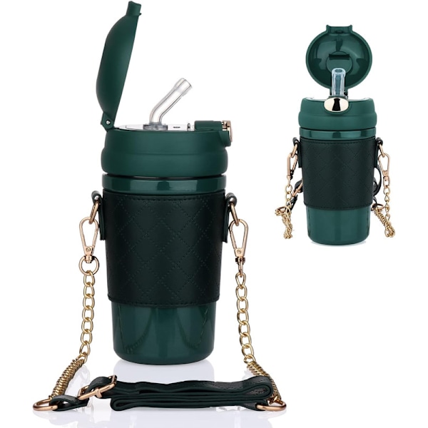 Isoleret vandflaske med sugerør, termoflaske i rustfrit stål med ærme og bærerem, rejsekrus til børn, kvinder og mænd - 16oz/480ml (grøn)