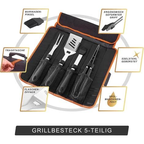 Deuba Grill Sæt 5 Dele Rustfrit Stål Foldetaske Gaffel Spatel Børste Tang