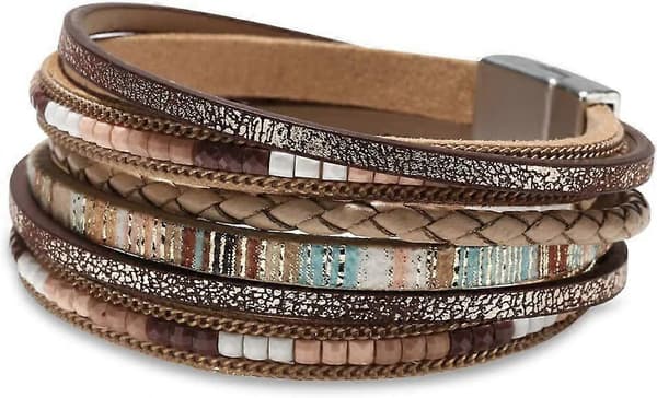 Läderomslagarmband för kvinnor, Boho Leopard Multi-Layer Kristallpärlor Manschett