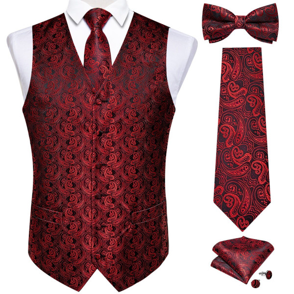 Men Black Red V-neck Vest Sleeveless Wedding Man's Waistcoat Tie Bowtie Pocket