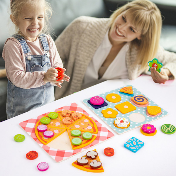 Skjæreleker i tre for barn med magnetiske frukter og grønnsaker, simulering av desserter, kjøkkenutstyr og pedagogiske leker.