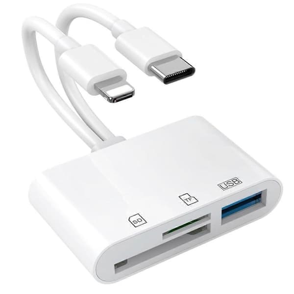 SD-kortlæser til iPhone, USB C og til Apple Interface Dual Port SD-kortadapter, hukommelseskortlæser til kameraadapter White
