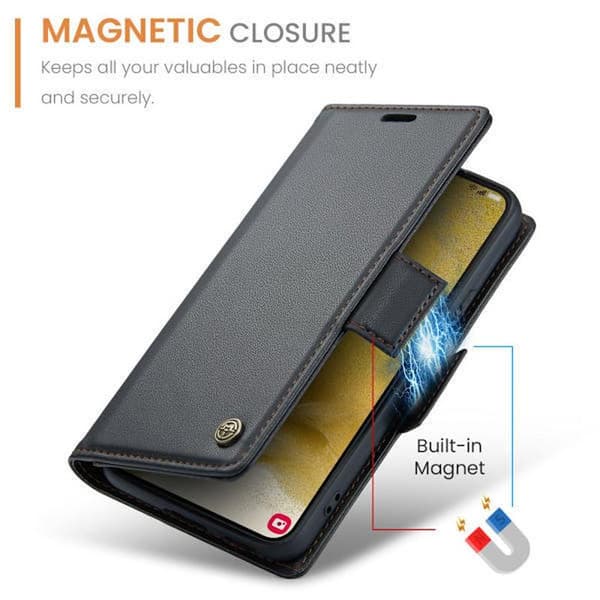 Samsung S23 - Etui Premium Læder RFID Beskyttet CaseMe® Sort Sort