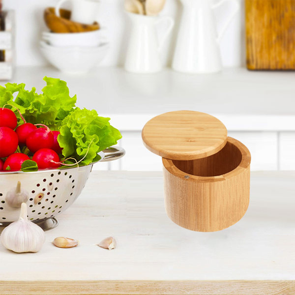 Premium Saltbehållare i Bambu, Saltkar med Magnetisk Snurrfunktion