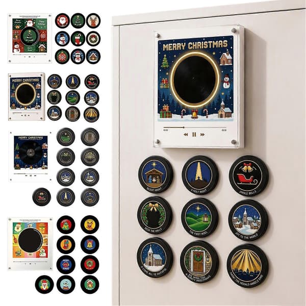 Programmerbar Vinylplatespiller Kjøleskapsmagnet - 9 NFC Musikkplater - for Julekjøleskapsdekor D