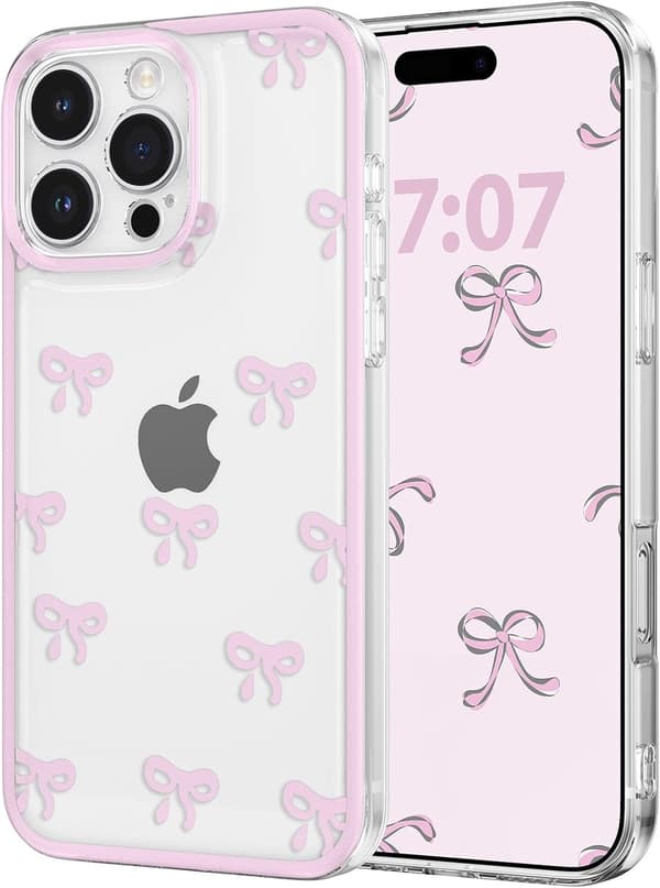 Pink Floral Ribbon Transparent Case for iPhone 16 Pro with Raised Camera Protection [JSR] iPhone 16PRO