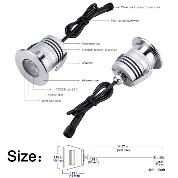 LED Under vann bassenglys, 3W, 12V-24V DC, IP68 Vanntett, rustfritt stål aluminium, for nedgravde svømmebasseng trinn dammer fontener og båter (blå)