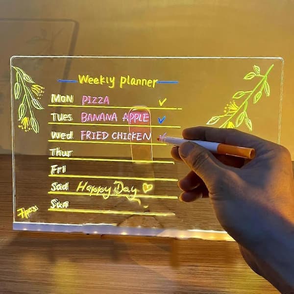 LED-notatstavle med farver, lysende akryl-opslagstavle, LED-tegnebræt, oplyst akryl-notesblok med justerbart stativ og penne 20*20cm
