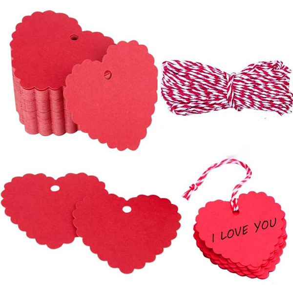 Hjerteformede Gavekort i Kraftpapir, 100 Stk Etiketter for Valentinsdag Bryllup Bursdag Dekorasjoner, med Rød og Hvit Snor (Rød)