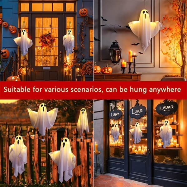 4-pack Halloween Ghost Decorations Halloween Hanging Ghosts with String Lights Battery Operated Halloween Decorations Scary Ghost Ornaments