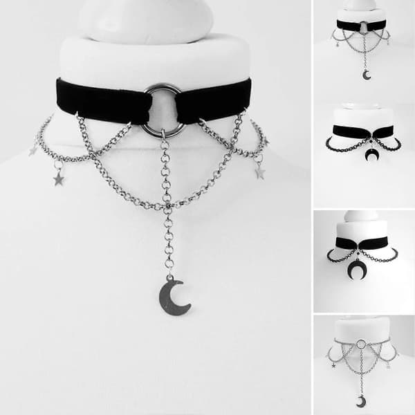 Choker Halskæde Multi Kæder Gotisk Stil Cool Kort Måneformet Udhulet Dame Halskæde Kvinde A
