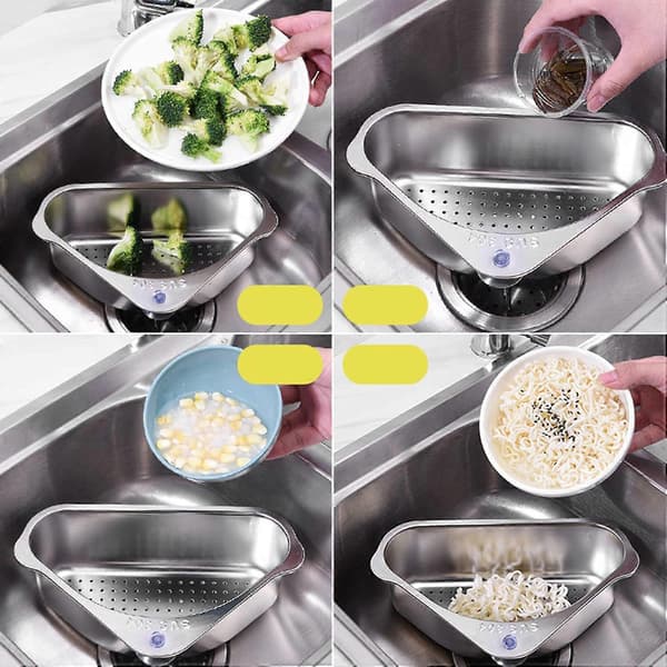 Sink Strainer Basket, Triangular Sink Strainer Basket Storage Rack Suction Cup, Sink Corner Hanging Basket Shelf Sink Basket for Kitchen Silver
